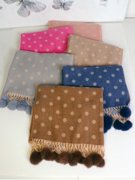 Cashmere Feeling Polka-dot Scarf with Pom Pom 